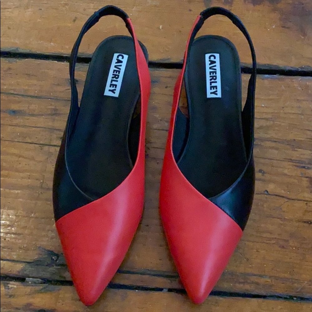 Black and Red Leather Pointed-Toe Slingback Flats - Picture 3 of 5